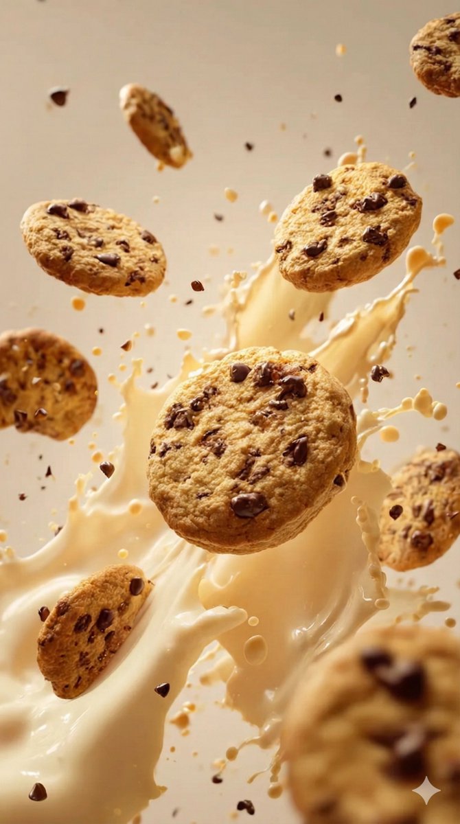 Dynamic Chocolate Chip Cookies & Milk Splash Food Photo