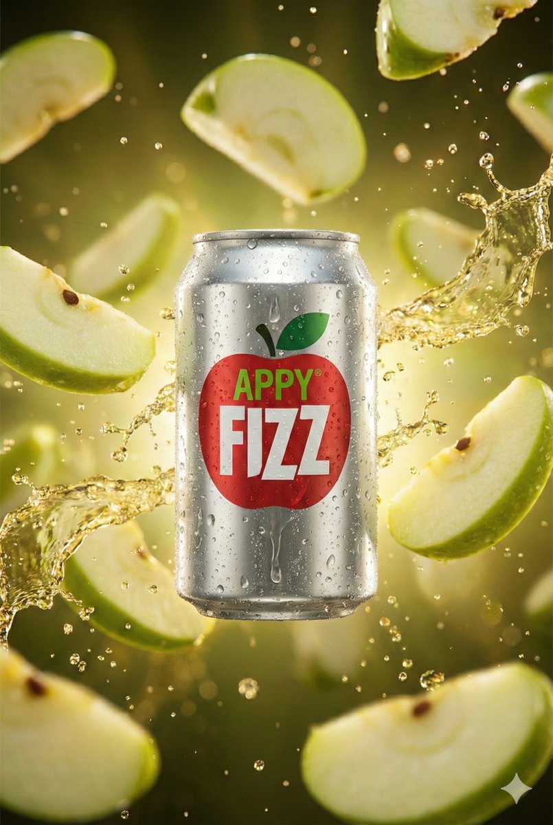 E-commerce Main Image - Hyper-realistic cinematic product shot of Appy Fizz can with exploding apple