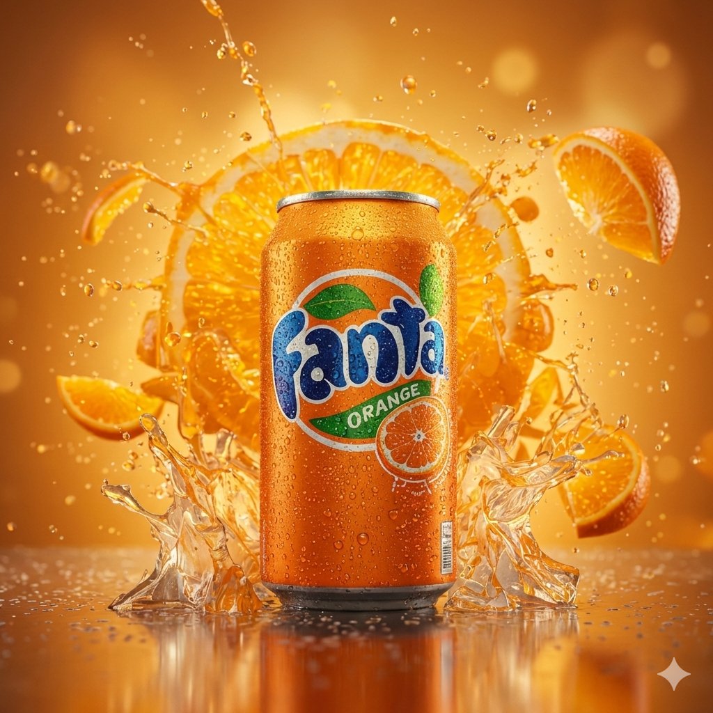 E-commerce Main Image - Hyper-realistic cinematic product shot of Fanta Orange can with exploding or