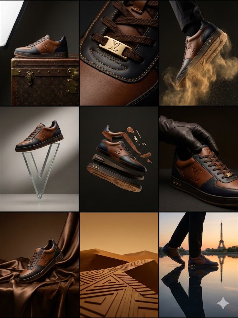 E-commerce Main Image - Louis Vuitton Sneaker Editorial Grid (9-Panel Concept)