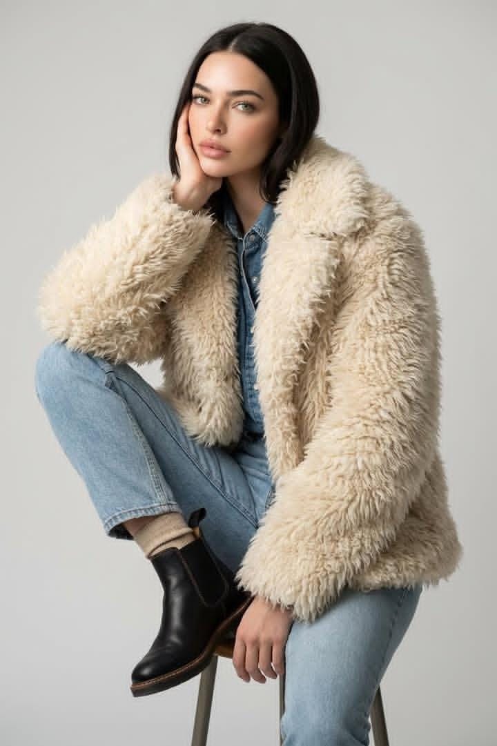 Editorial fashion photo, medium portrait, seated model wearing a cream shearling