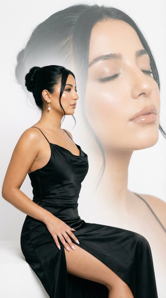 Elegant Woman in Black Satin Slip Dress - Fashion Portrait