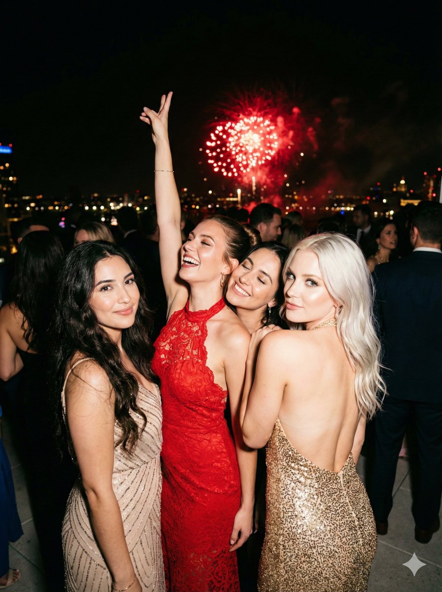 Elegant Women, Formal Dresses, Fireworks Night Event