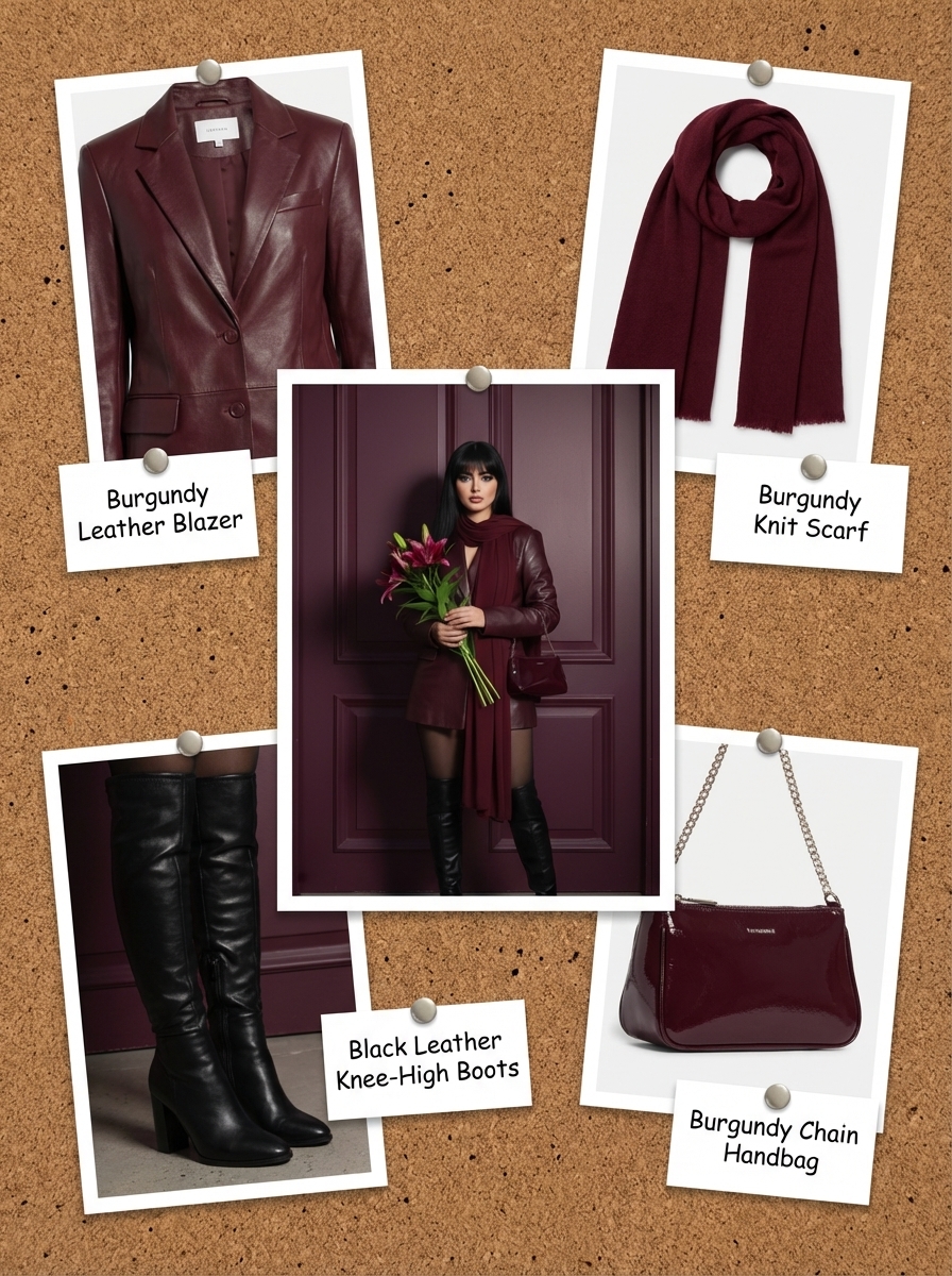 Fashion product collage on a brown corkboard