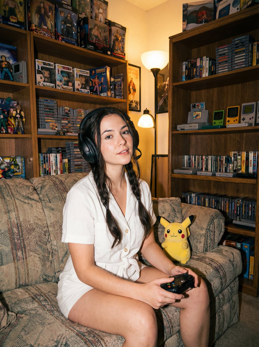 Gamer Girl with Retro Video Game Collection