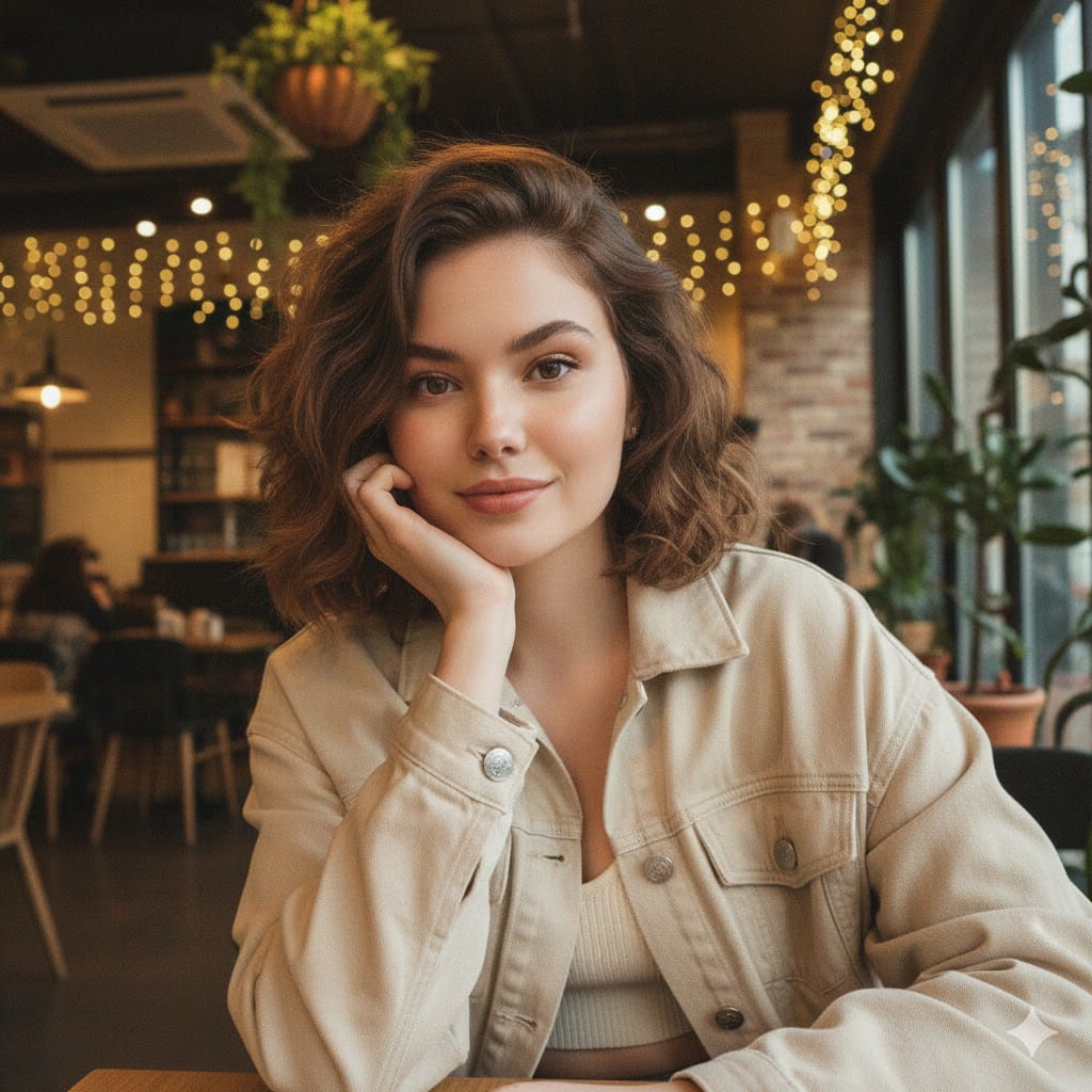 Generate a 8k Instagram-style portrait of an Indian woman sitting in a trendy ca