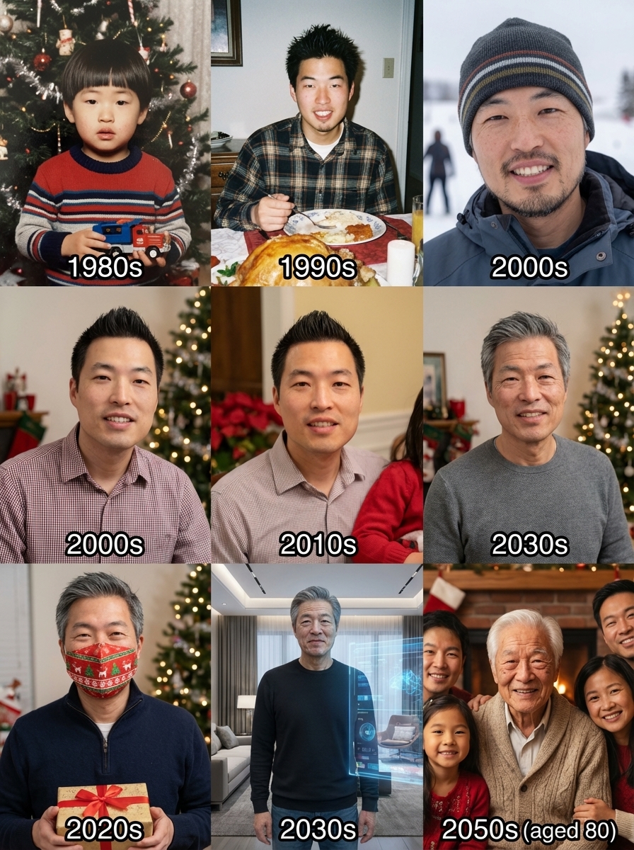 Generate the holiday photo of this person through the ages up to 80 years old