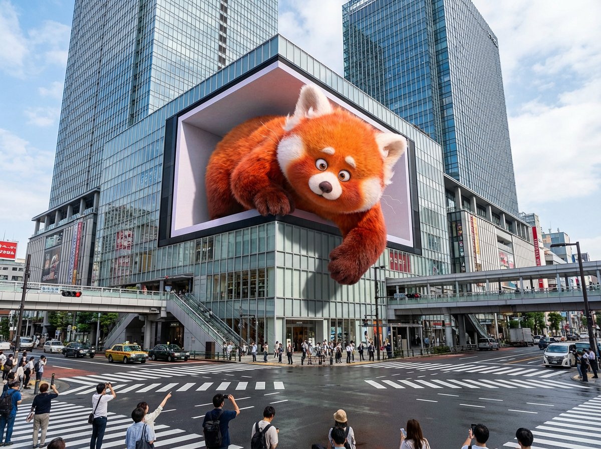 Giant 3D Red Panda Digital Billboard in Urban Cityscape