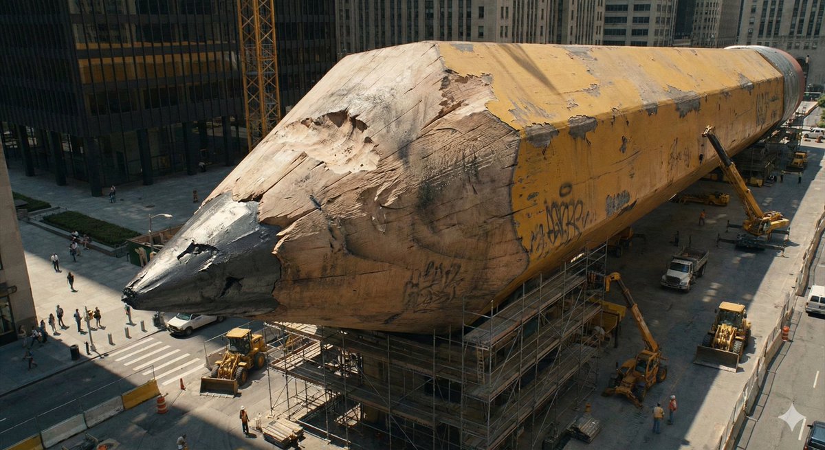 Giant Pencil Cityscape: Surreal Urban Construction