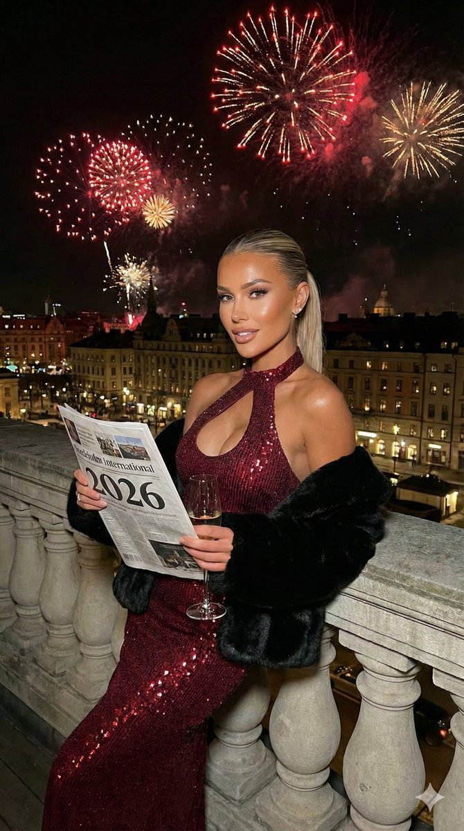 Glamorous Woman in Red Gown, Fireworks over City at Night