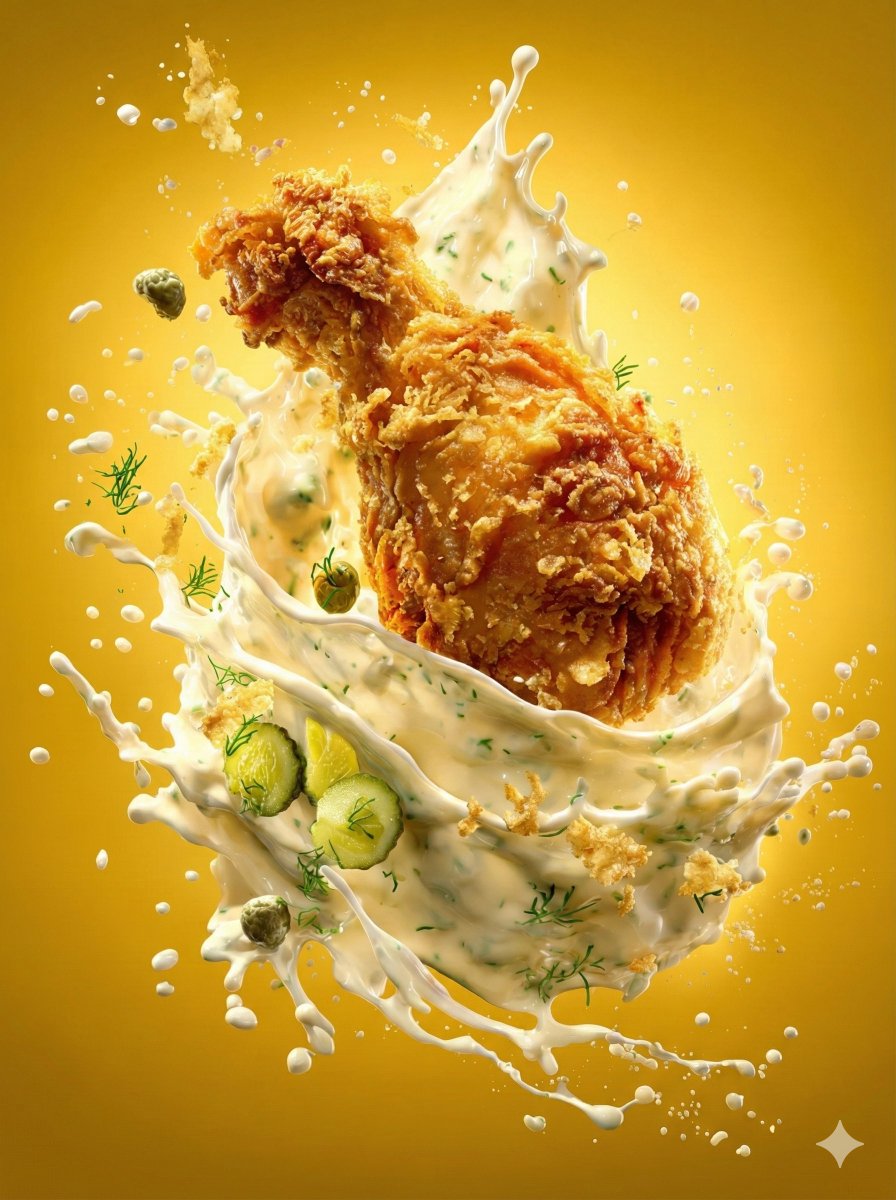 Golden Fried Chicken Splashing in Creamy Dill Sauce