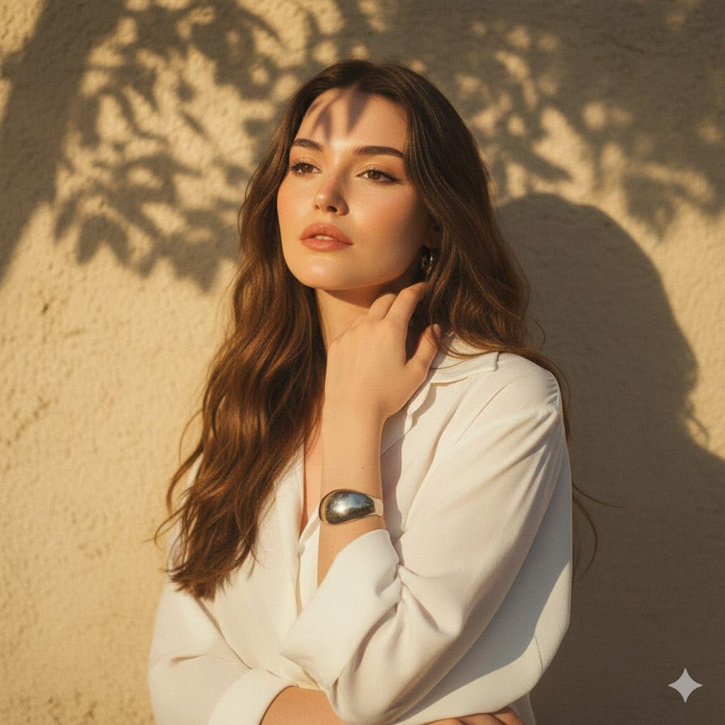 Golden hour portrait with tree shadows cast on wall.