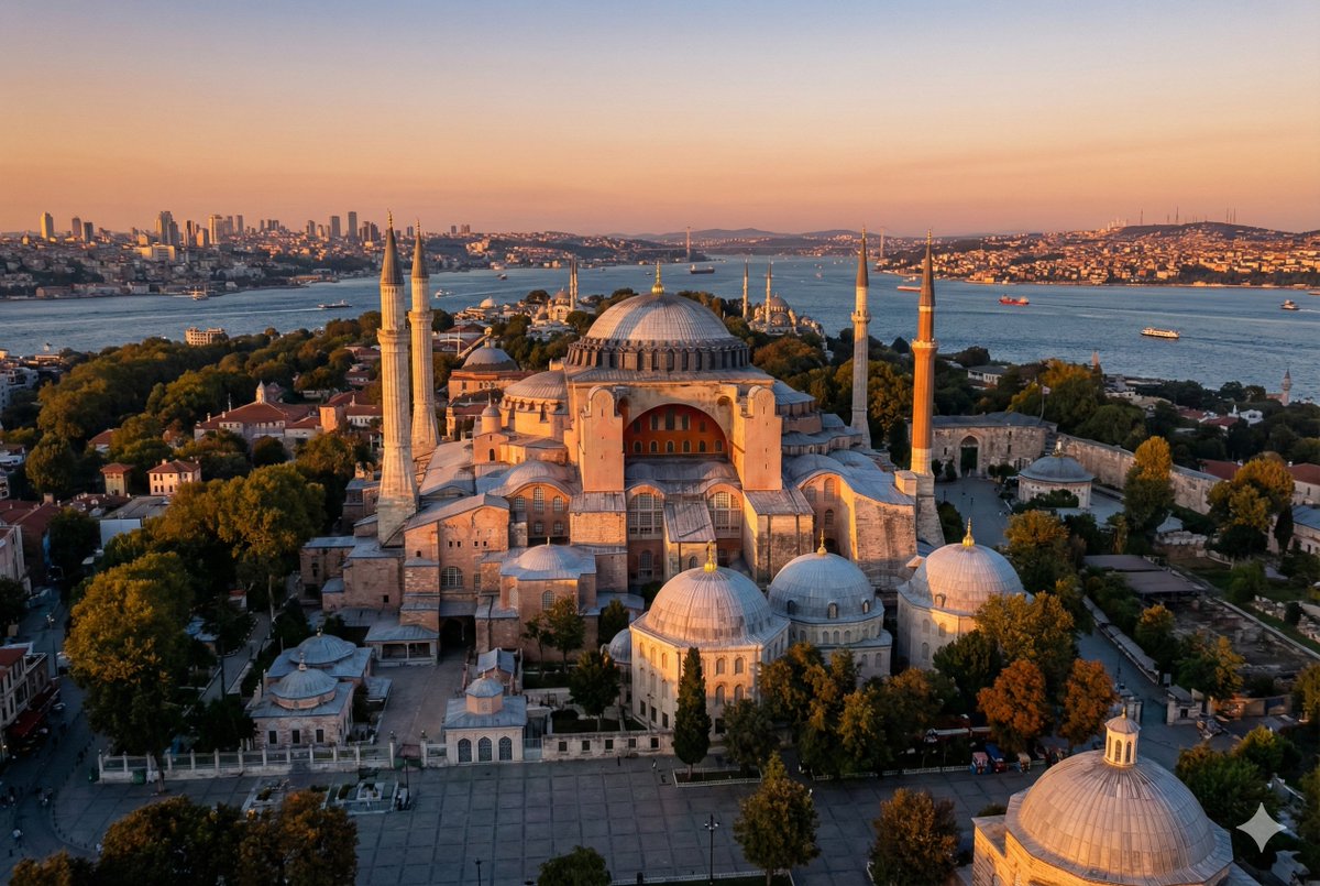 Hagia Sophia Istanbul Aerial Golden Hour Cityscape Bosphorus