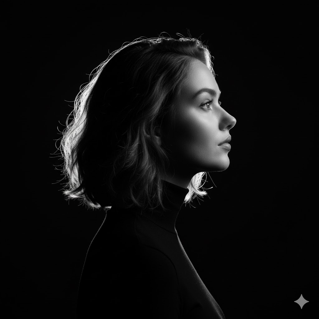 High-Contrast Monochrome Side-Profile Rim-Lit Portrait (use