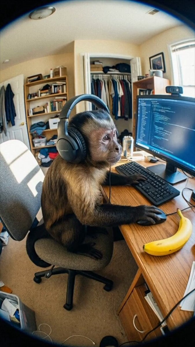 Humorous Capuchin Monkey at Computer with Headphones