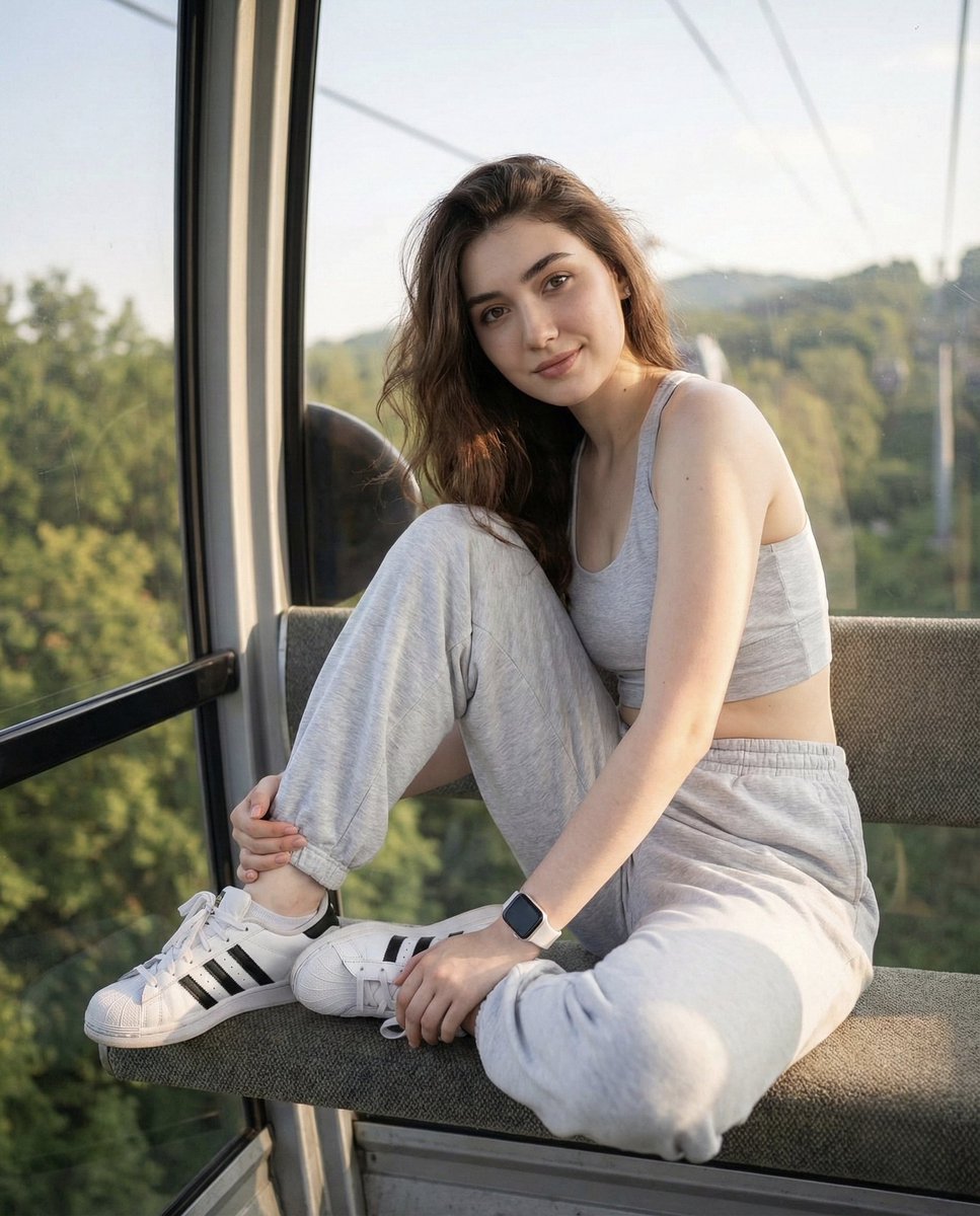 Image_Descriptionsubjectgenderfemale,Posedescriptionsitting Sideways On A Cable-Car Bench, Legs Relaxed