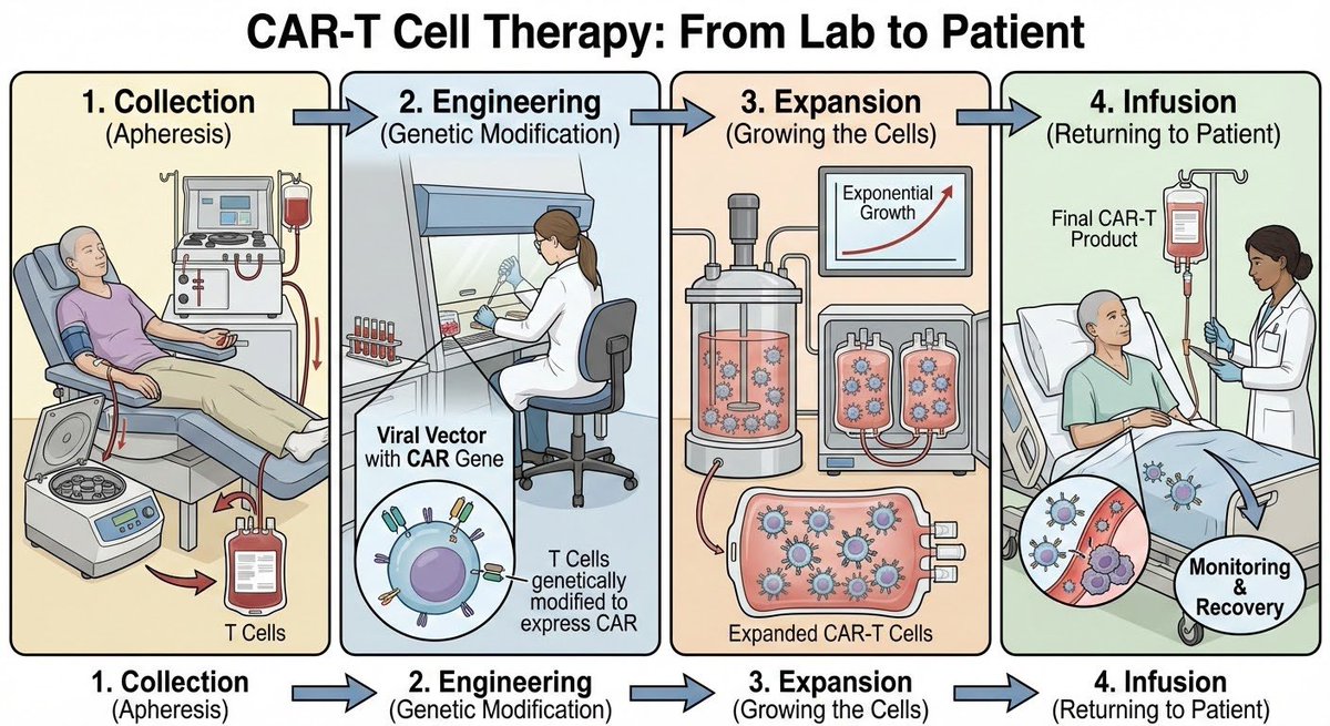 In an illustration describe all of the stages of CAR-T cell 