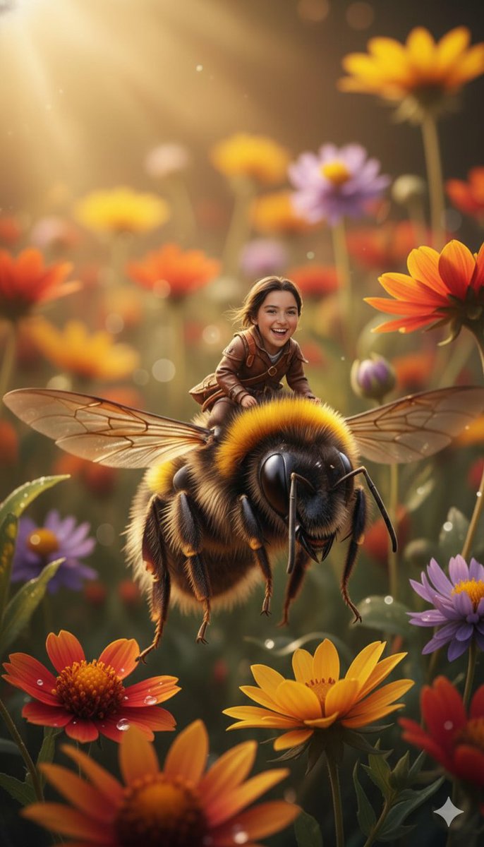 Joyful Child Riding Giant Bee in Fantasy Wildflower Meadow