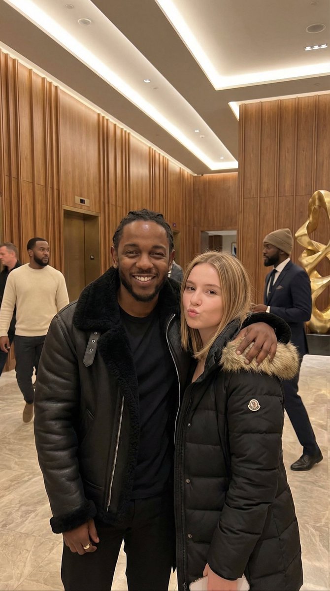 Kendrick Lamar & Fan Portrait: Cheerful Hotel Lobby Photo