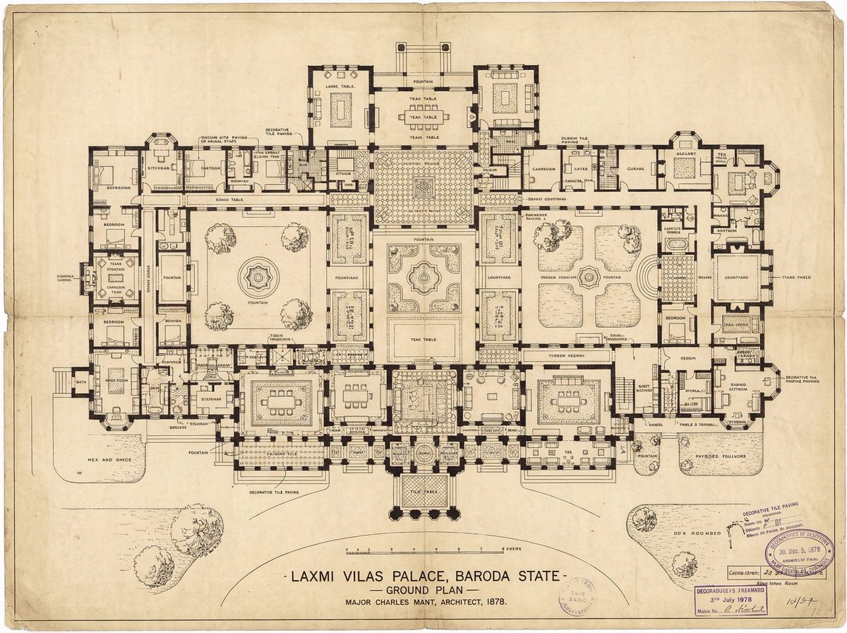 Make a highly detailed original Construction plan of Laxmi Vilas Palace based on