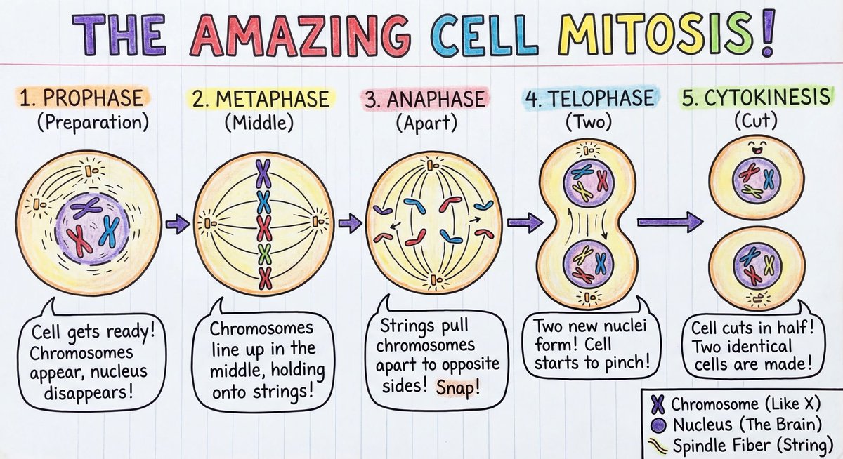 Make me a detailed diagram showing how mitosis works,, with annotations and visu