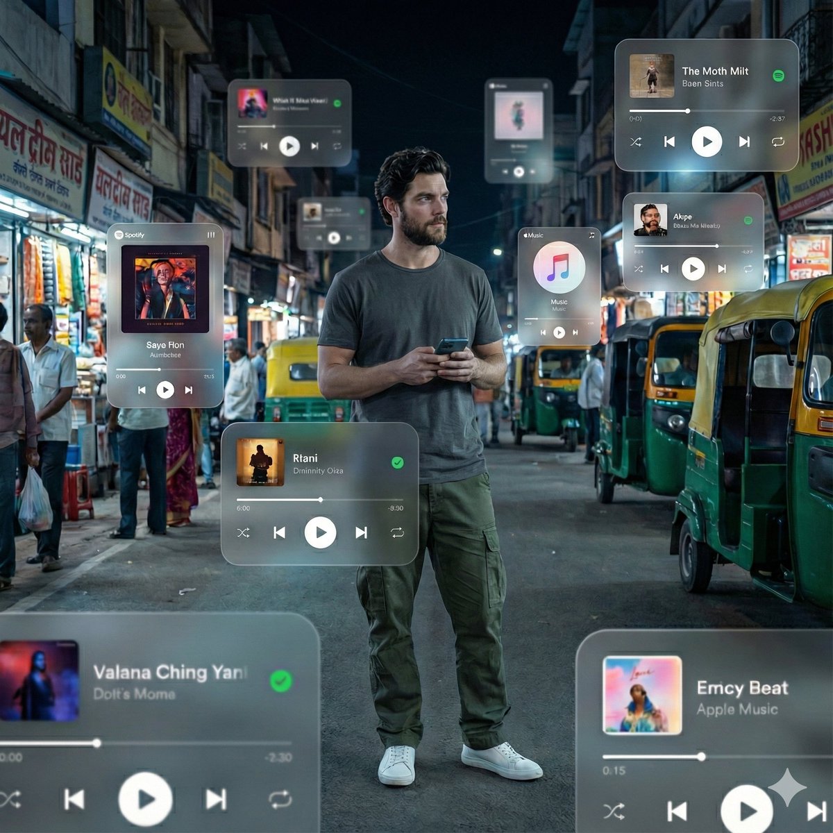 Man with Augmented Reality Music Players on Urban Street