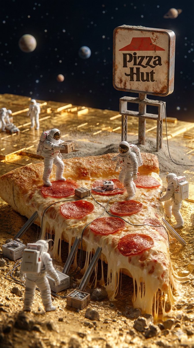 Miniature Astronauts on Pizza Slice in Space | 3D Render