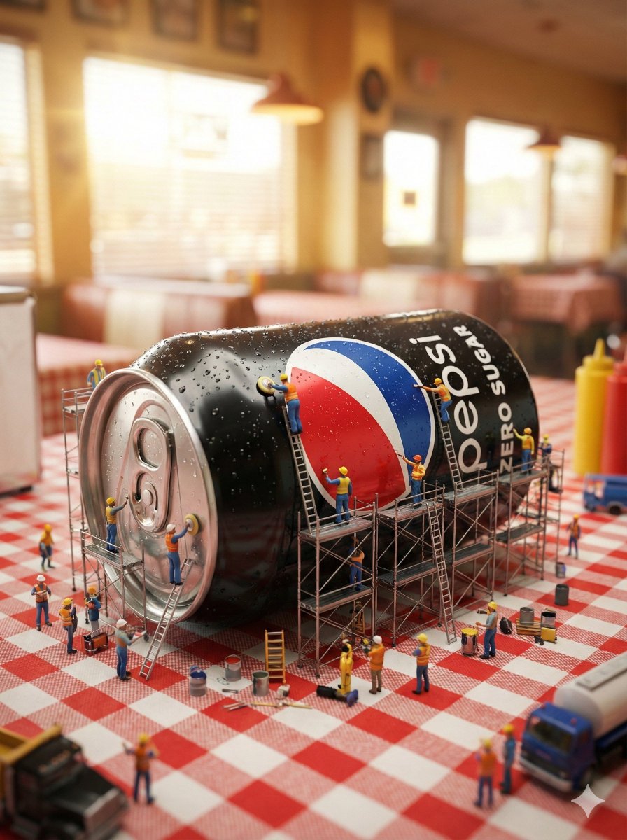 Miniature Construction Crew on Giant Pepsi Can in Diner Scene