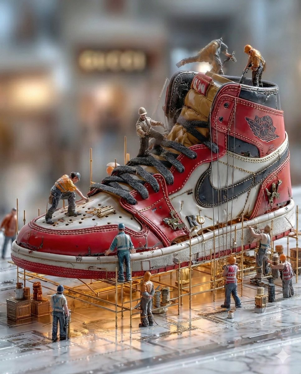 Miniature Construction on Air Jordan 1 Sneaker Art Diorama
