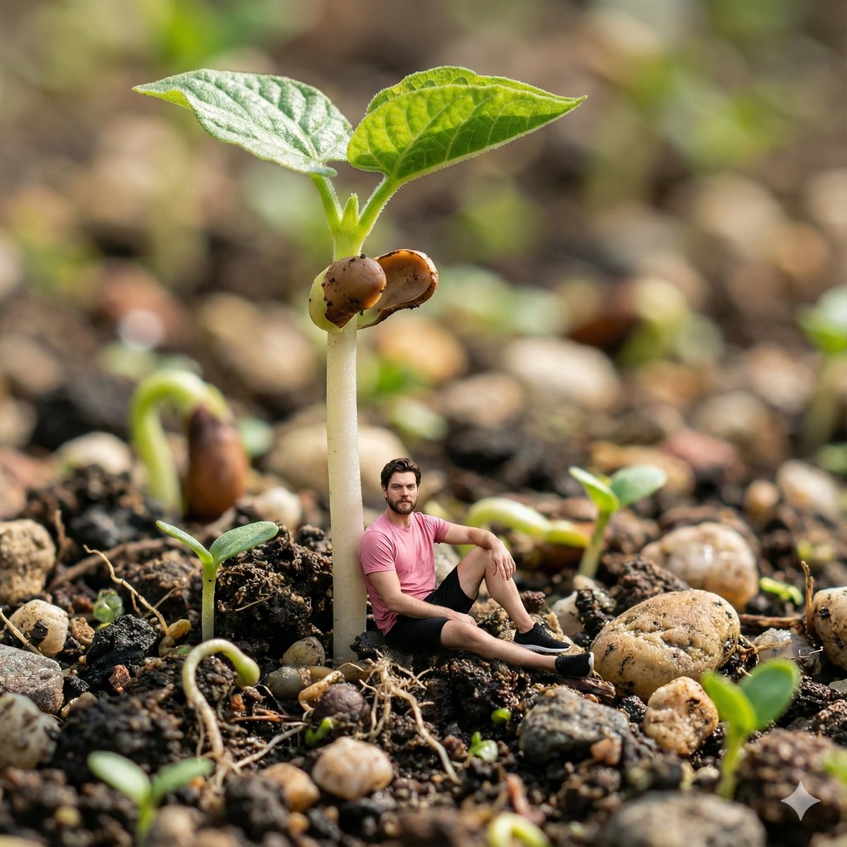 Miniature Man Resting on Plant Seedling - Photorealistic