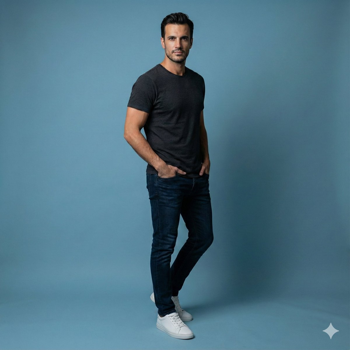 Modern Men's Casual Fashion: T-shirt, Jeans & White Sneakers