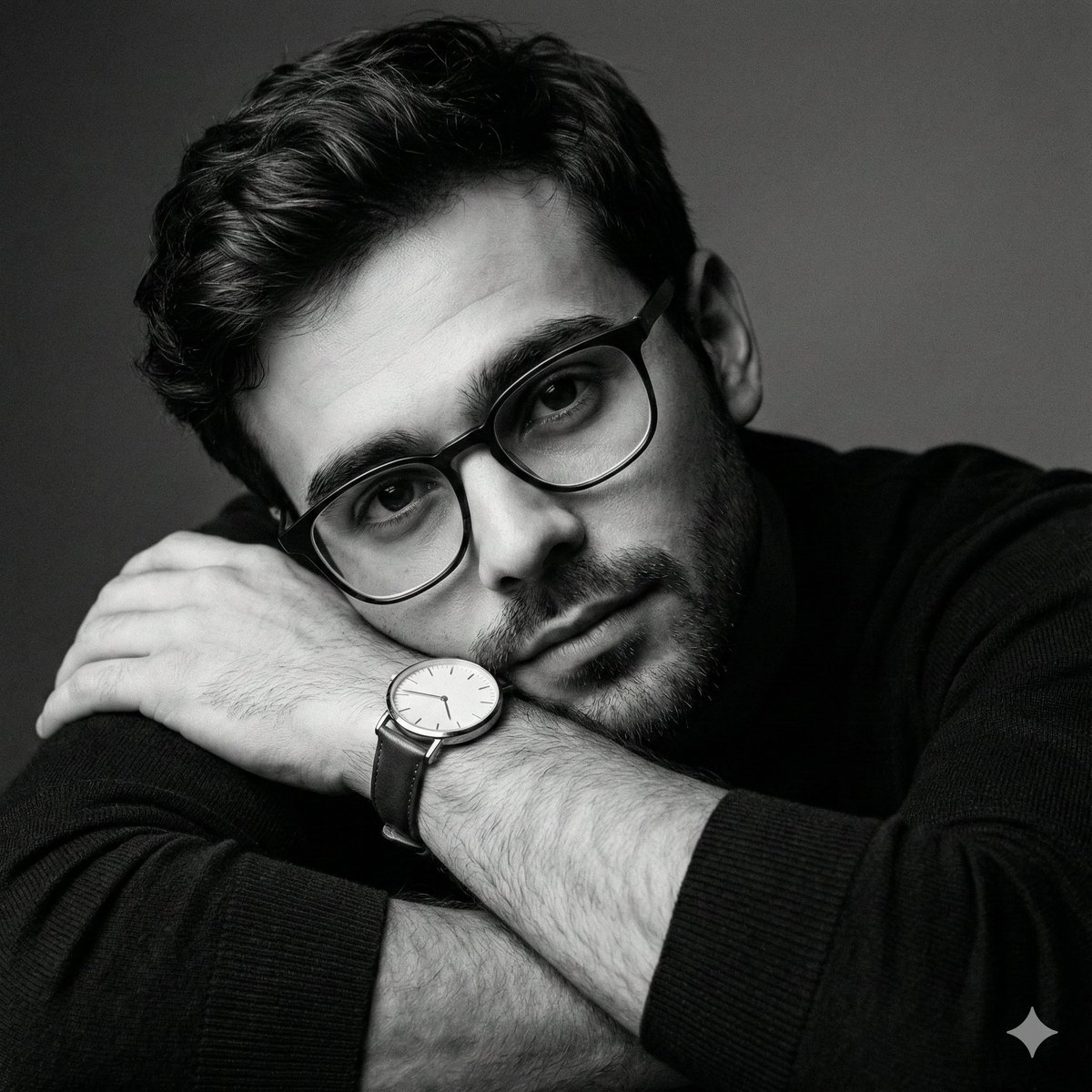 Monochrome Portrait of Man with Glasses & Watch
