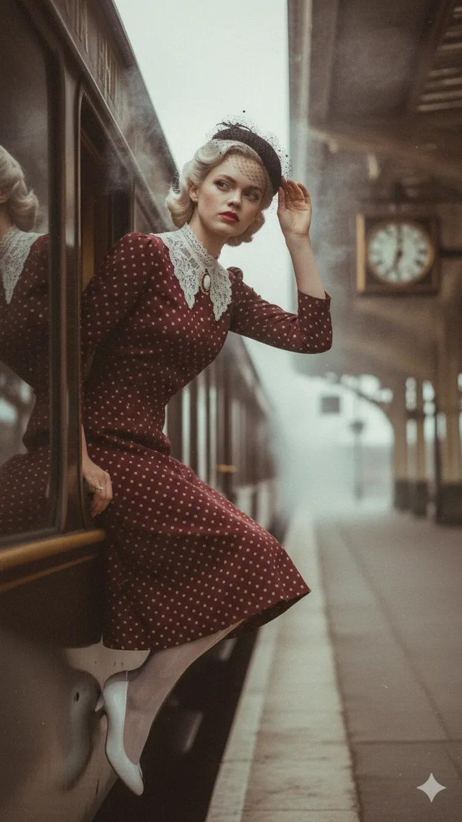 Narrative, cinematic photofray ,woman in a deep burgundy polka dot dree with cre