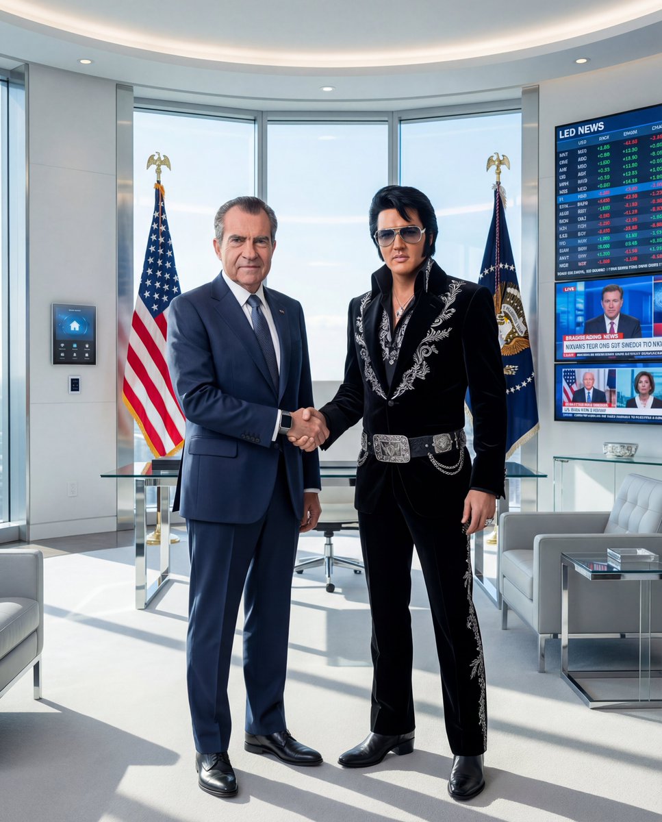 Nixon welcoming the King in his office inside the Watergate 