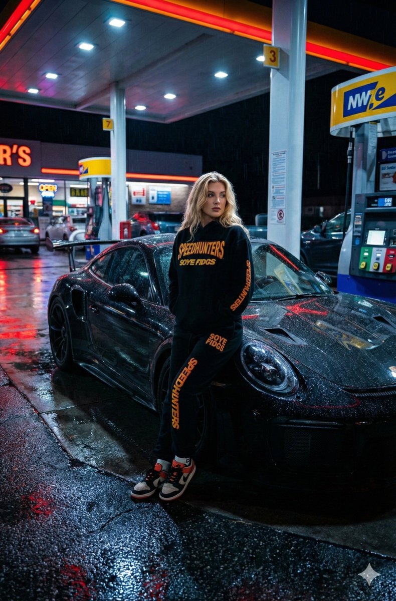 Promptscenelocationgas Station,Time_Of_Daynight,Elementsblack Porsche Gt3 Rs,Wet Ground Reflecting Colorful