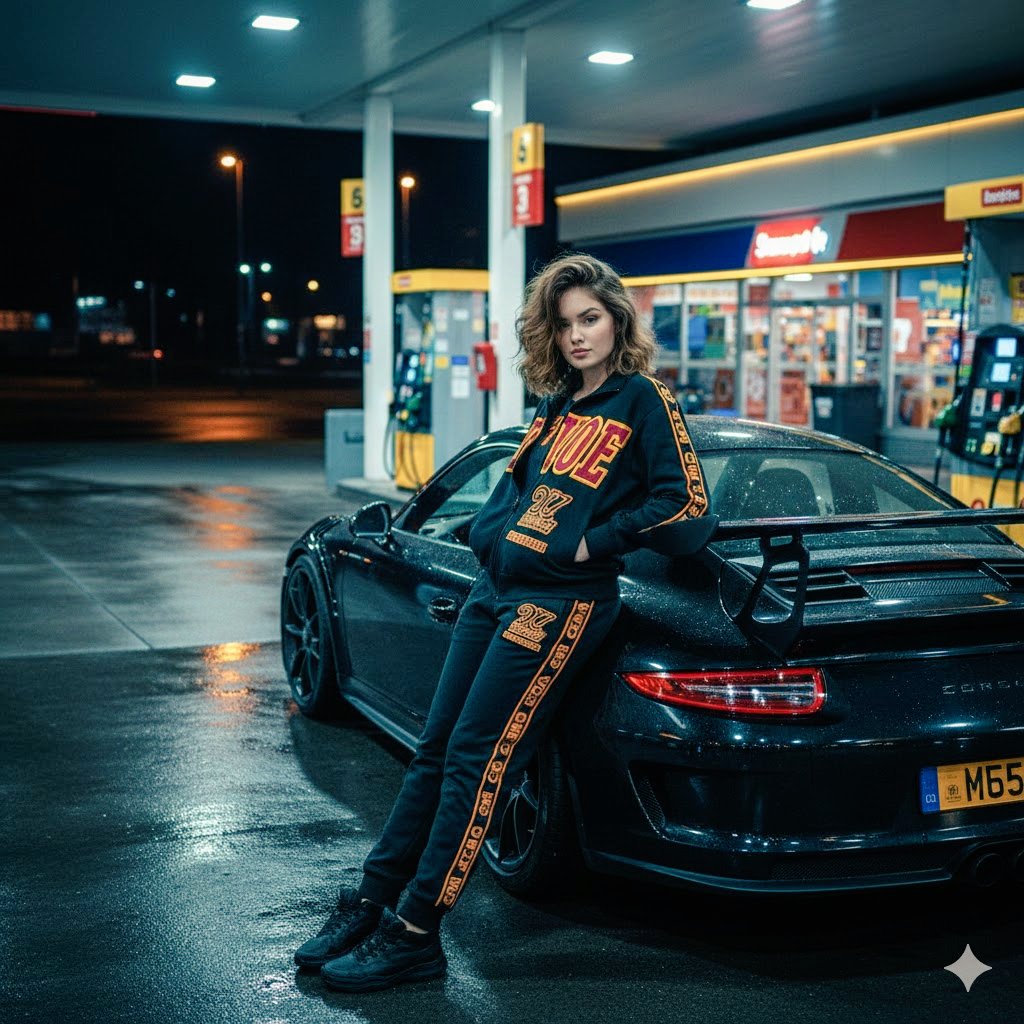 Promptscenelocationgas Station,Time_Of_Daynight,Elementsblack Porsche Gt3 Rs,Wet Ground Reflecting Colorful