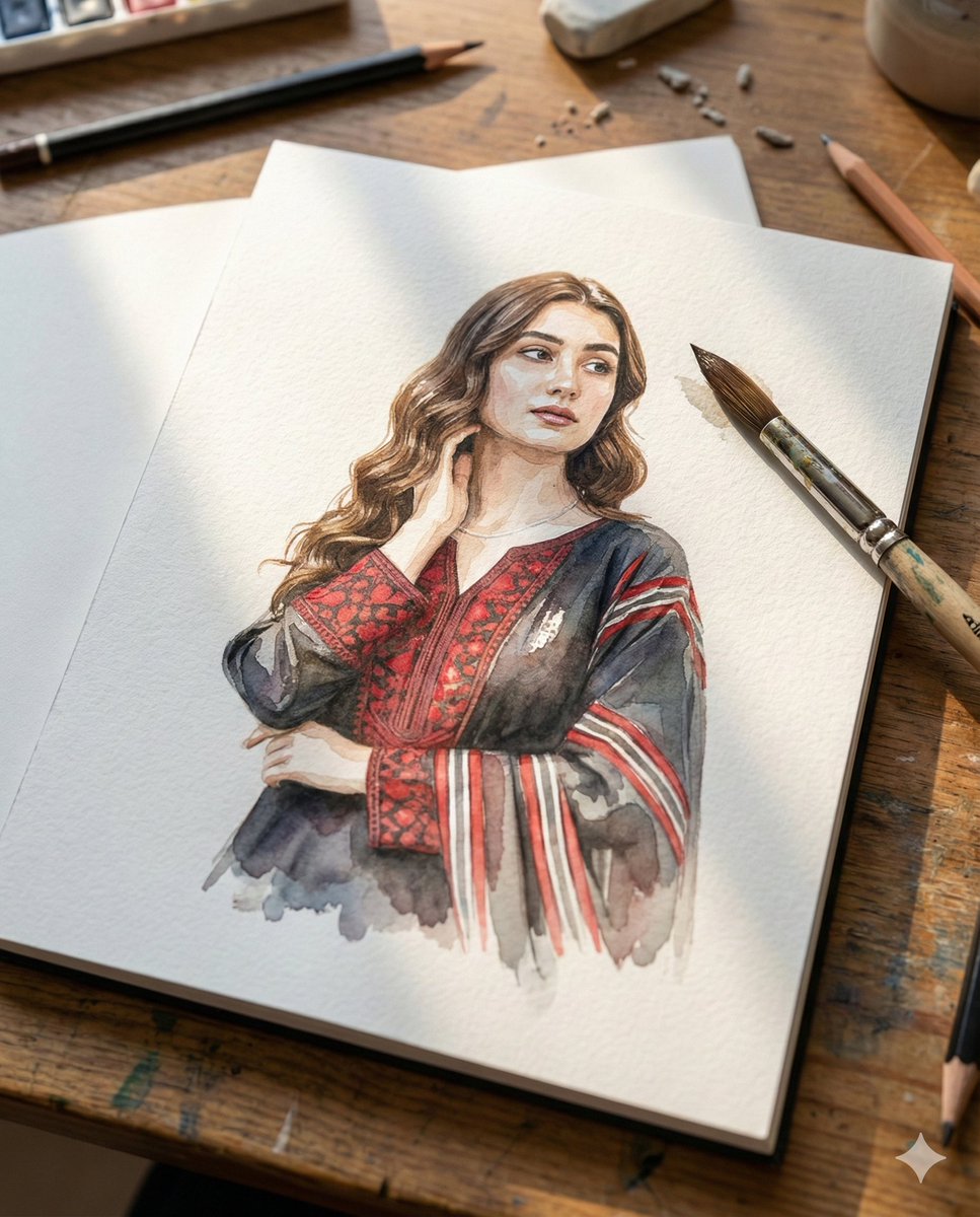 Realistic Watercolor Portrait of Woman in Traditional Dress