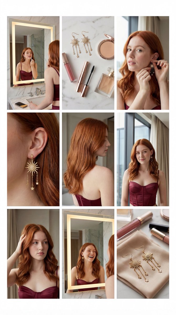 Red-haired Woman's Beauty Routine with Earrings & Makeup