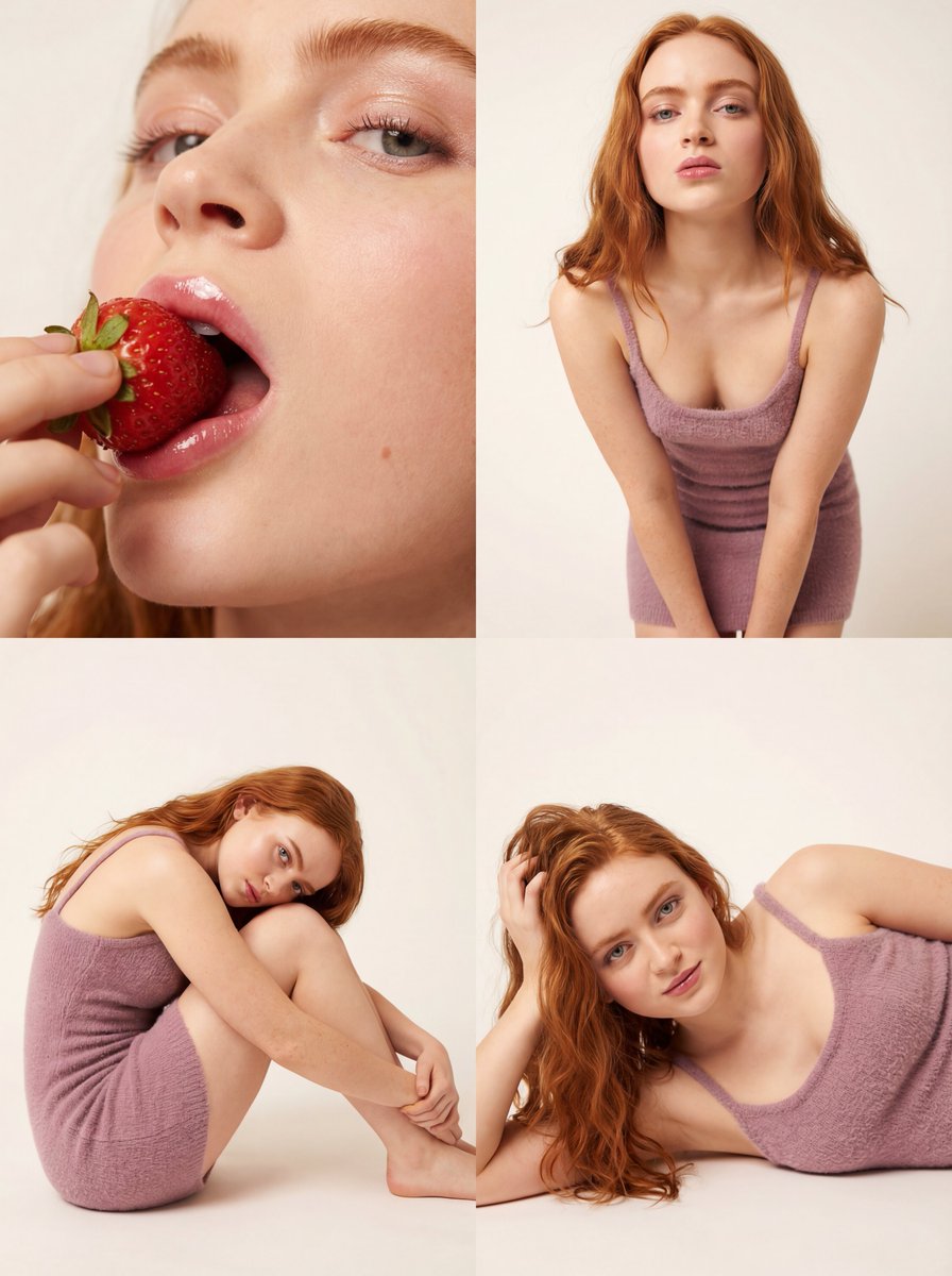 Redhead Model Fashion Portrait, Lilac Dress & Strawberry