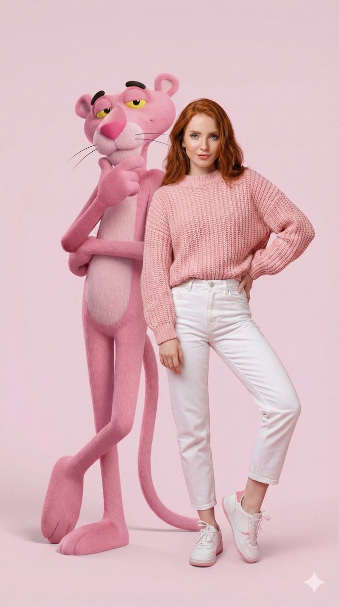 Redhead Woman & Pink Panther: Fashion Studio Photography