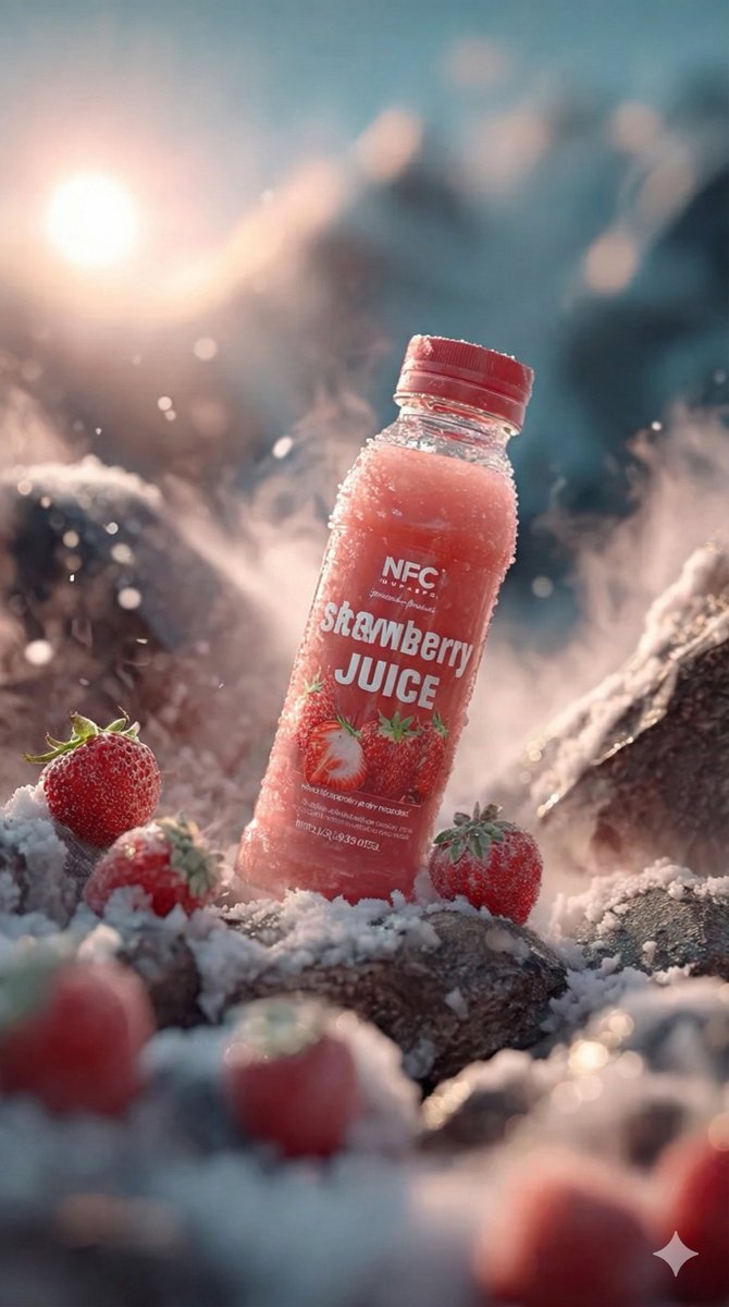 Refreshing Strawberry Juice Bottle in Snowy Winter Scene