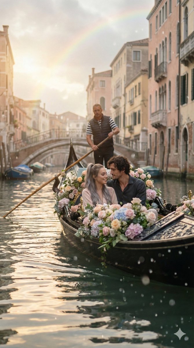 Scenelocationvenetian Canal,Elementscoupleposesitting Closely,Moodromantic,Gondolapositionon The Canal,Decorationsflowerssoft Pastel,Vinesdelicate,
