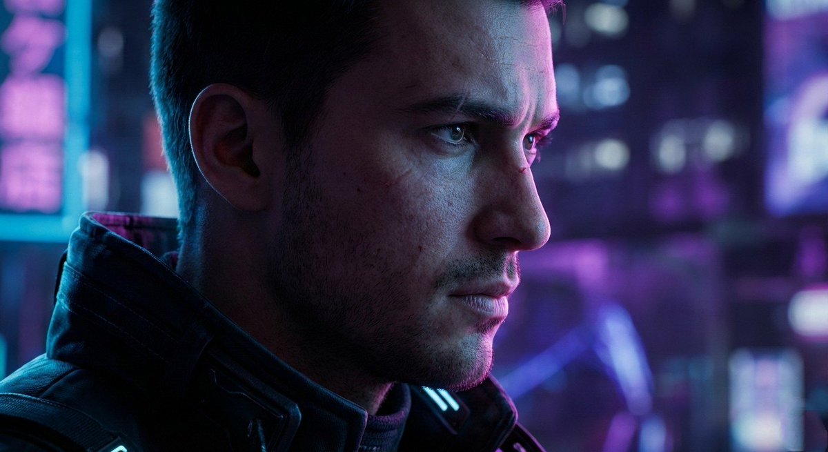 Sci-Fi Cyberpunk Male Character Portrait - Neon City Night