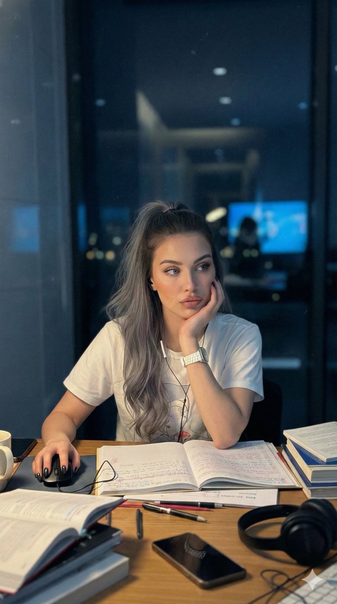 Setting:cluttered desk late at night