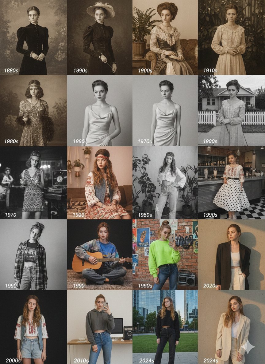 Single female model styled across 16 historical eras (1880s