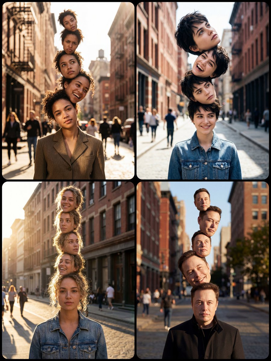 Social Media Post - Surreal Portrait with Stacked Heads in City Street