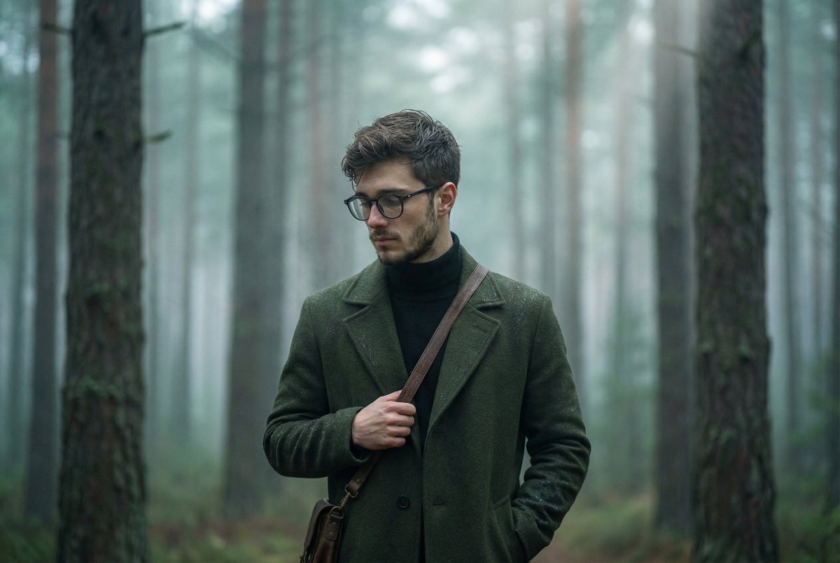 Solitary person walking through a dense pine forest