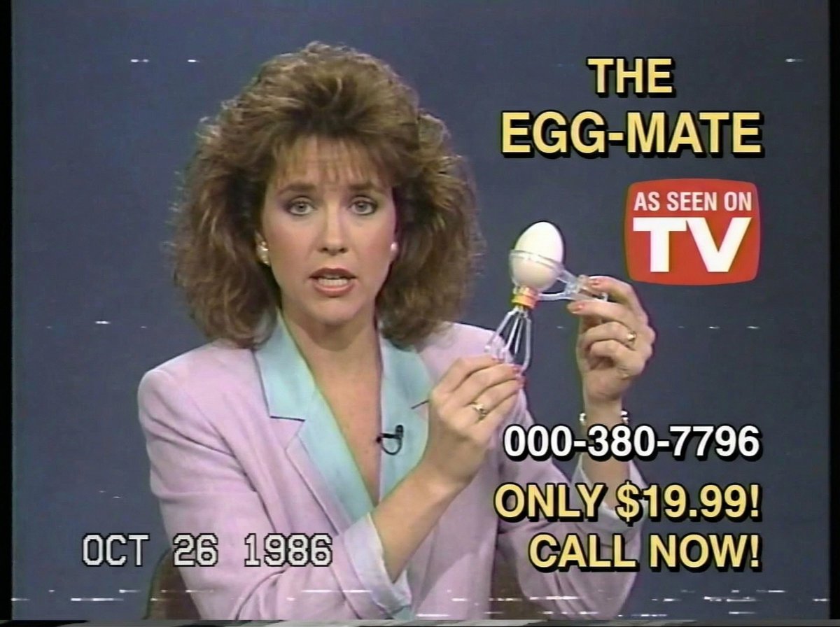 Still from a Shopping channel VHS tape from 1986, where someone is selling the m