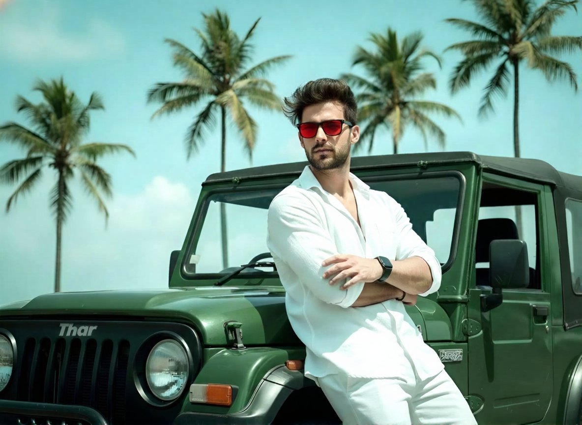 Stylish Man in White with Green Jeep | Tropical Summer Fashion