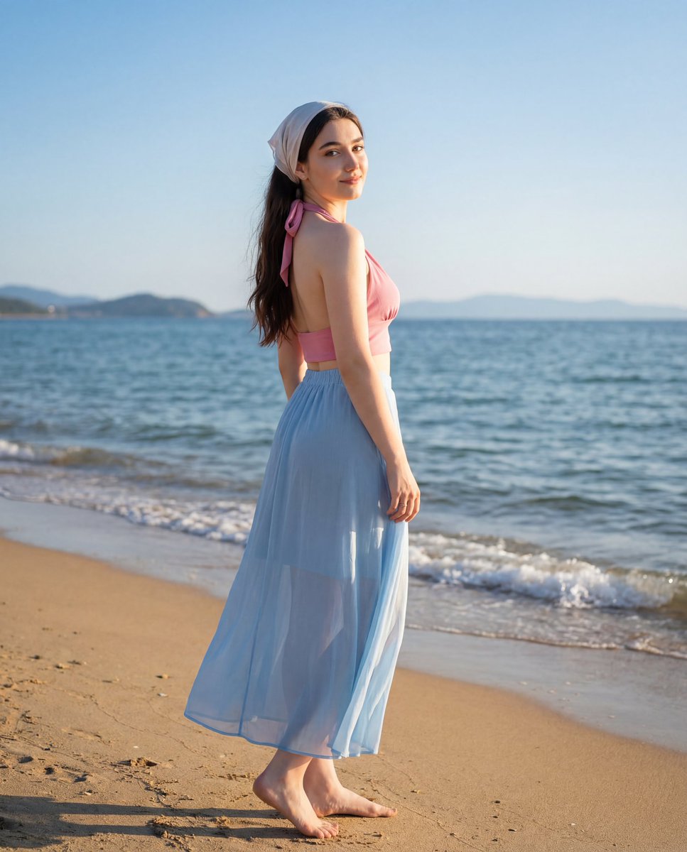 Summer Beach Fashion: Young Woman in Pink & Blue
